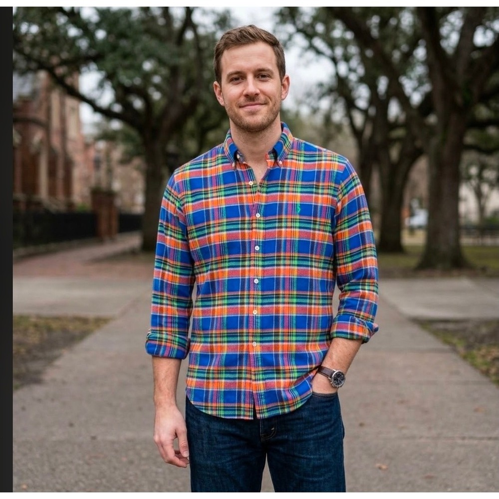 Polo Ralph Lauren Mens XL Madras Plaid Flannel Button Down Shirt Blue Orange